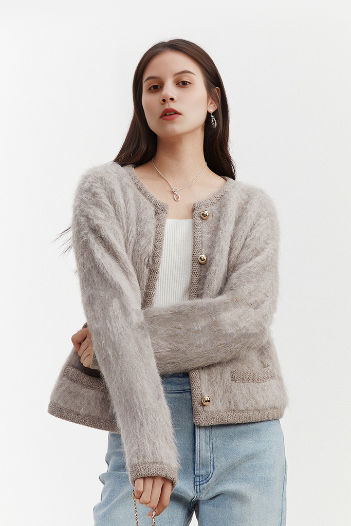 Golden Button Fluffy Alpaca Wool Knit Bouncle Jacket Fibflx