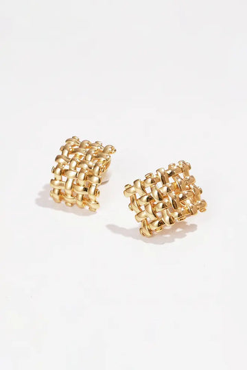 Golden Checkered Stud Clip Earrings Fibflx