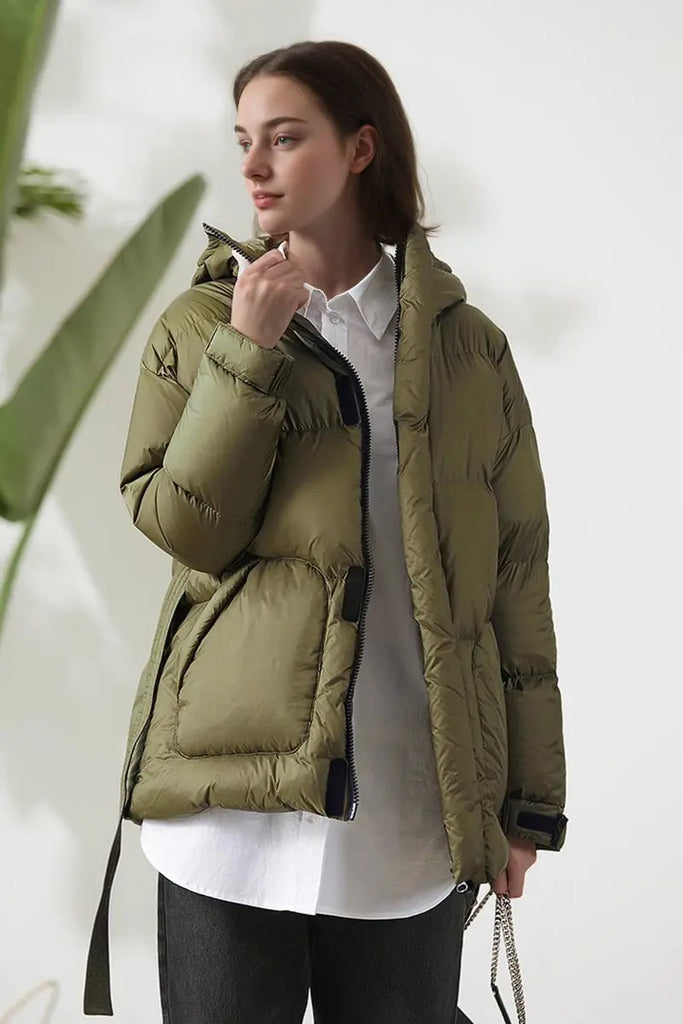 Fibflx Women's Green Down Puffer Jacket with Hood