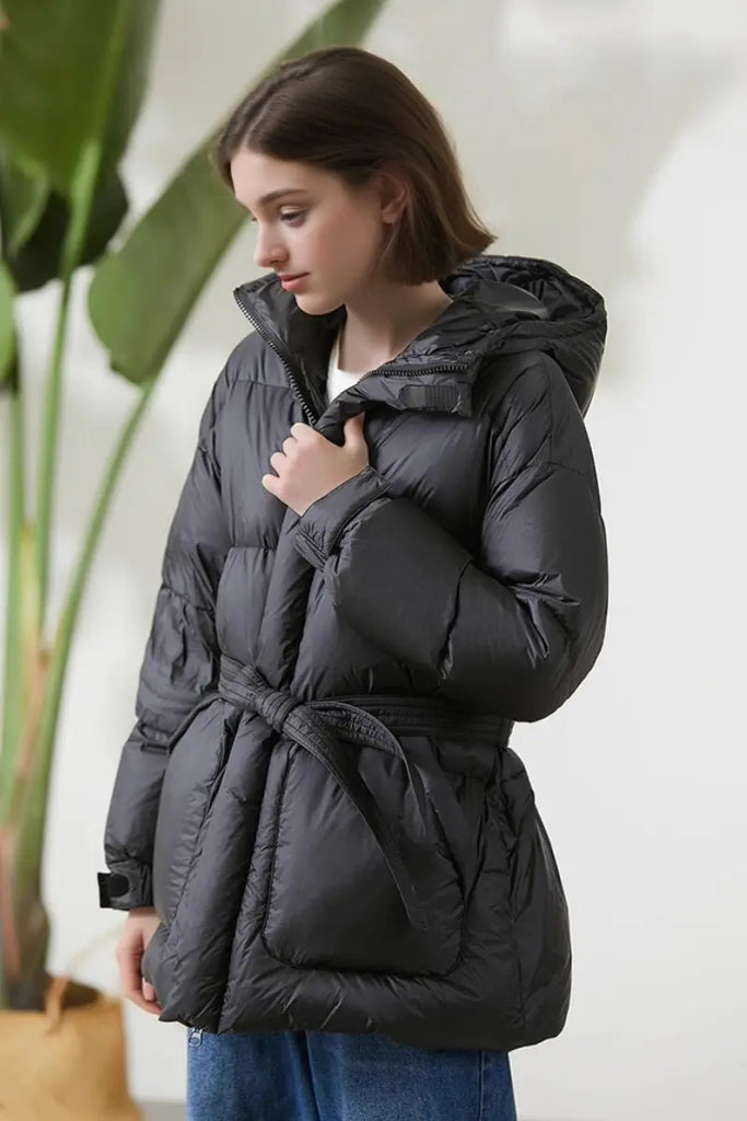 Fibflx Women's Green Down Puffer Jacket with Hood