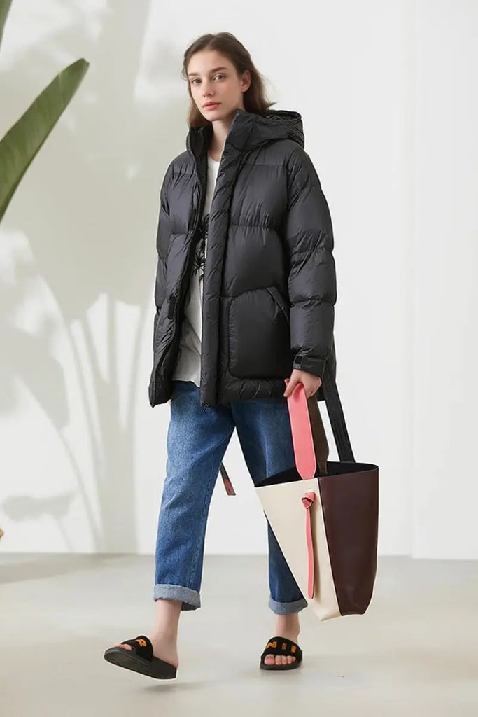 Fibflx Women's Green Down Puffer Jacket with Hood