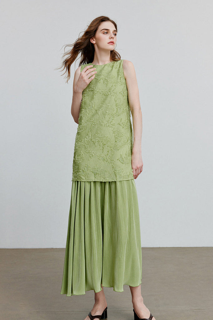 Green Frayed Jacquard Pleated Mixed-Media Midi Dress Fibflx