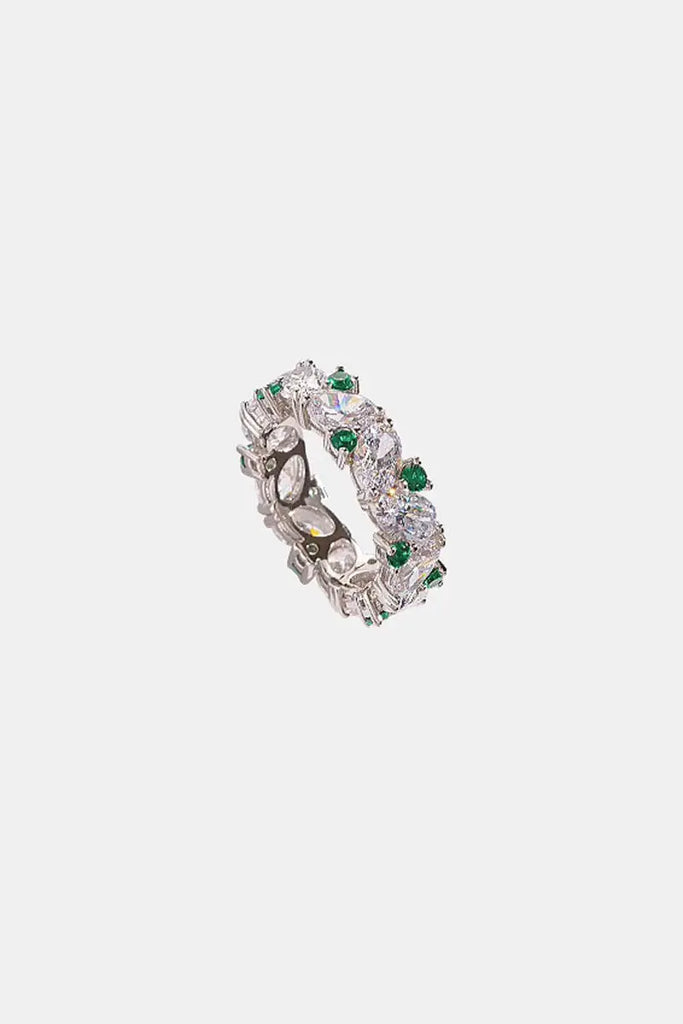 Fibflx Women's Green Spinel & Moissanite Eternity Pave Ring in Rhodium Plated Sterling Silver