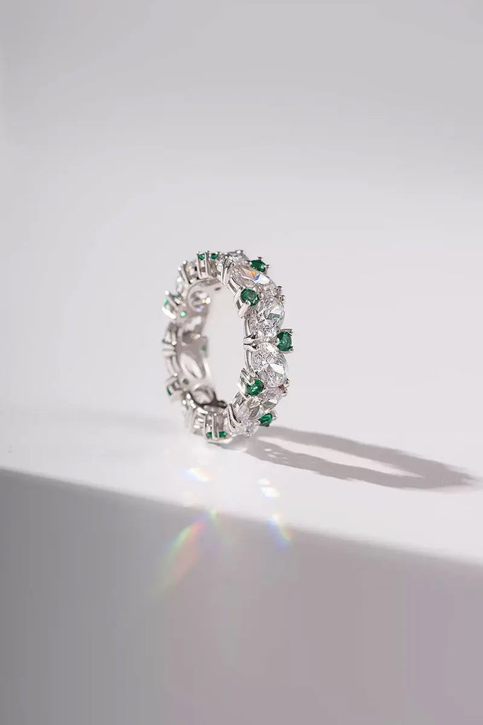 Fibflx Women's Green Spinel & Moissanite Eternity Pave Ring in Rhodium Plated Sterling Silver