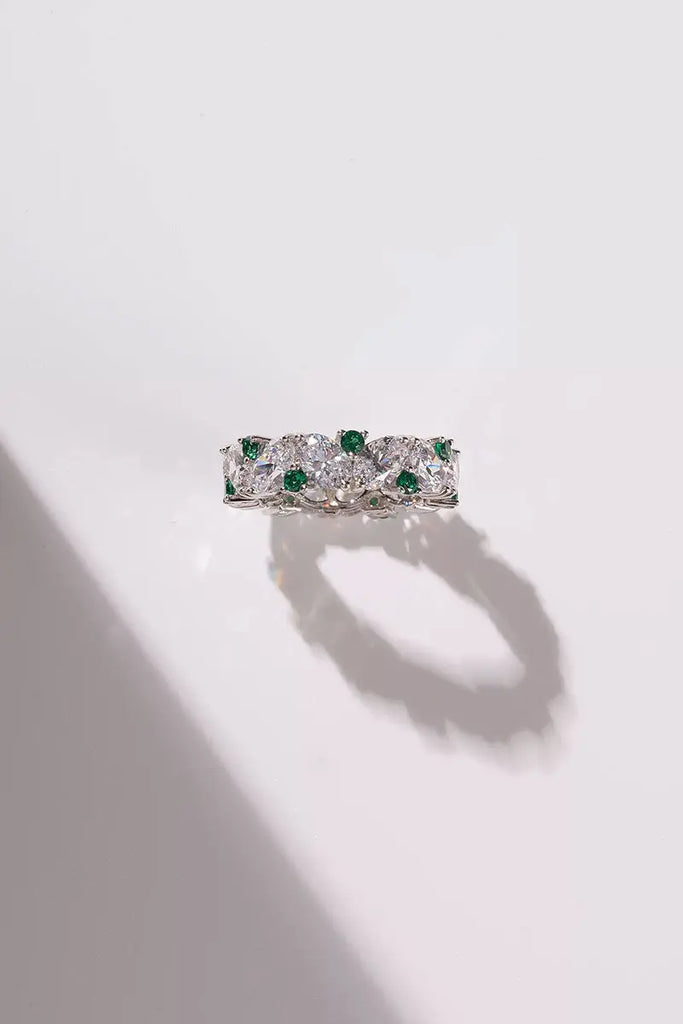 Fibflx Women's Green Spinel & Moissanite Eternity Pave Ring in Rhodium Plated Sterling Silver