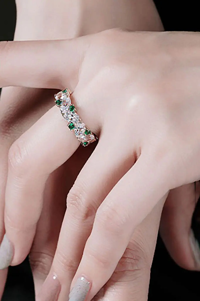 Fibflx Women's Green Spinel & Moissanite Eternity Pave Ring in Rhodium Plated Sterling Silver
