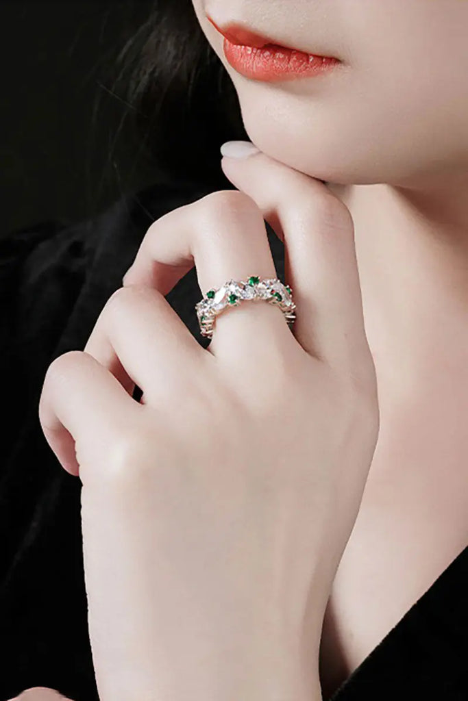 Fibflx Women's Green Spinel & Moissanite Eternity Pave Ring in Rhodium Plated Sterling Silver