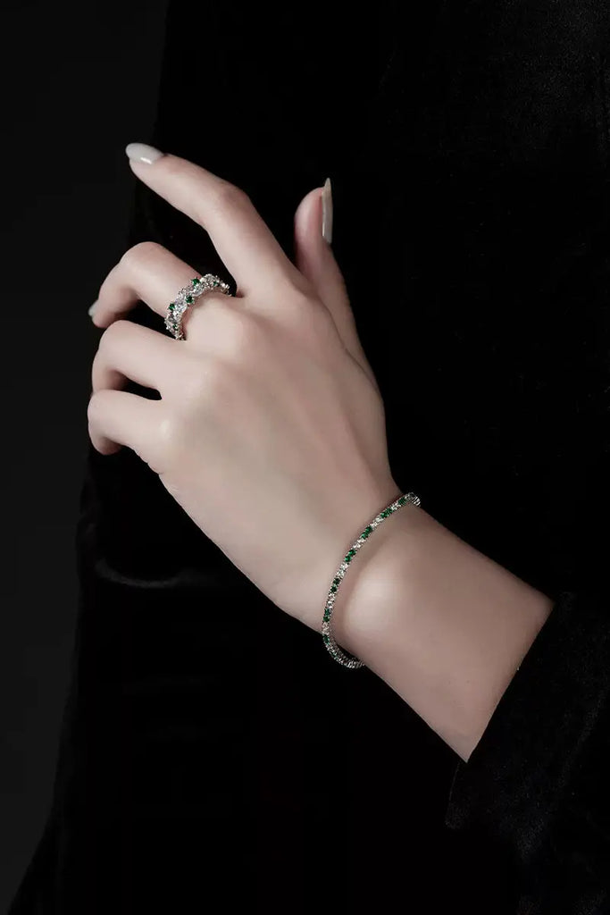 Fibflx Women's Green Spinel & Moissanite Eternity Pave Ring in Rhodium Plated Sterling Silver