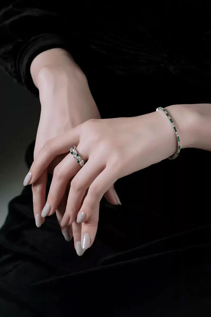 Fibflx Women's Green Spinel & Moissanite Eternity Pave Ring in Rhodium Plated Sterling Silver