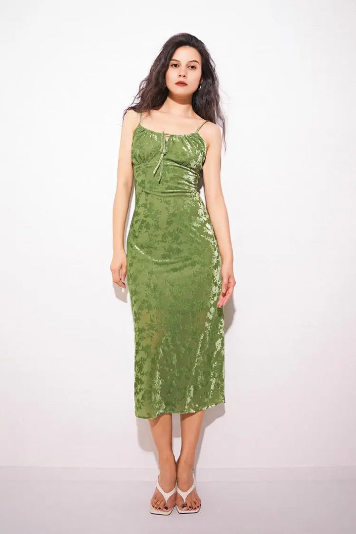 Green Velvet Floral Ruched Slip Midi Dress M / Avocado Green / 95% Recycled Polyester 5% Spandex