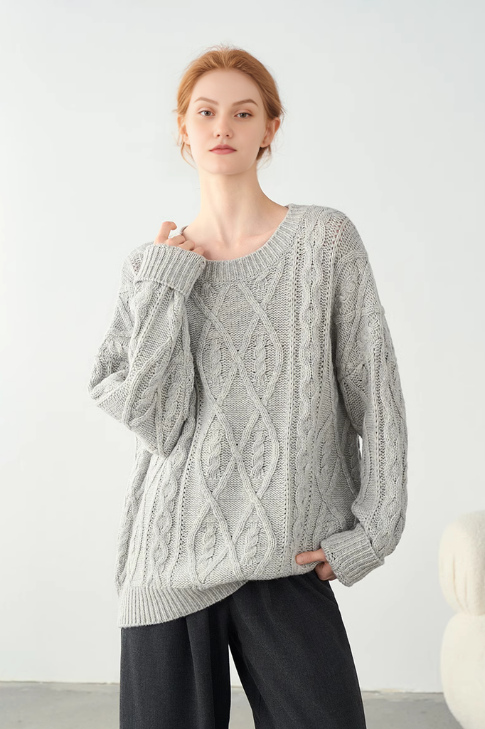 Grey Vintage Wool Cable Knit Sweater - Fibflx