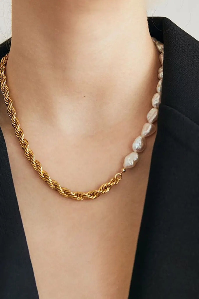 Half Pearl Half Gold Chain Choker Necklace Fibflx
