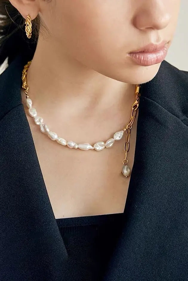 Half Pearl Half Gold Chain Choker Necklace Fibflx