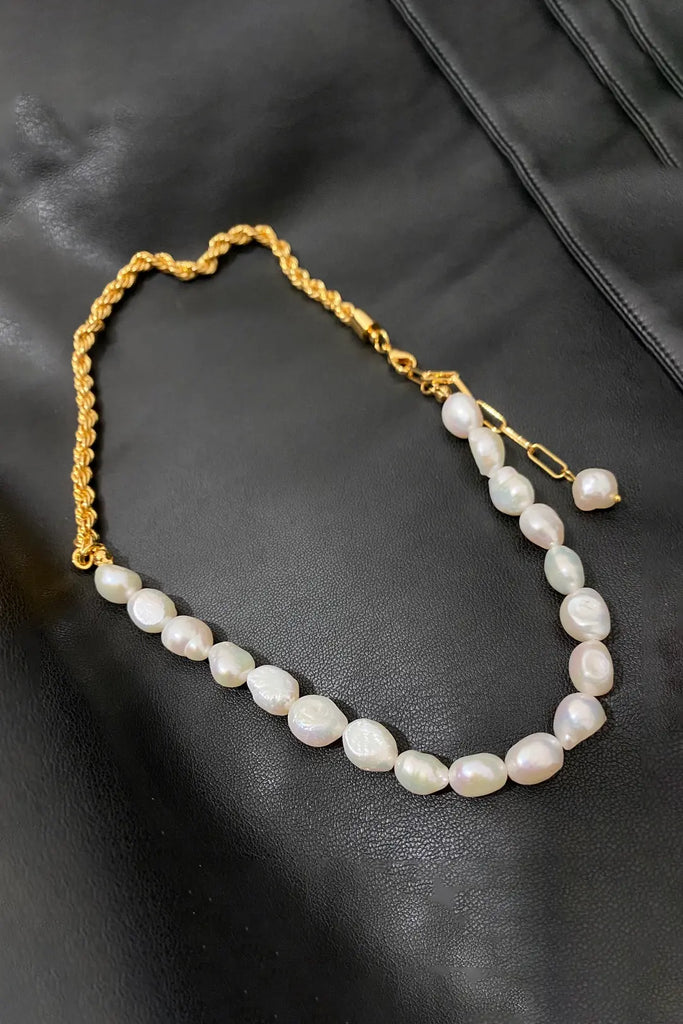 Half Pearl Half Gold Chain Choker Necklace Fibflx