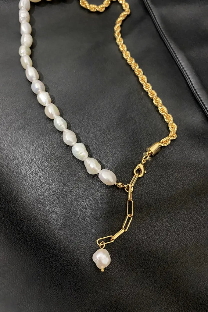 Half Pearl Half Gold Chain Choker Necklace Fibflx