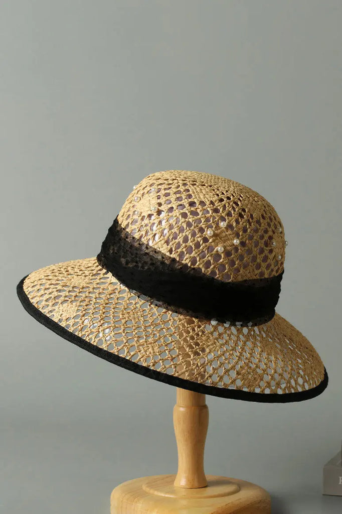 Handwoven Pearl Embellished Straw Sun Hat Black / One Size Fibflx
