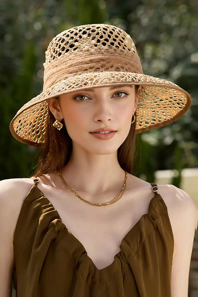 Handwoven Pearl Embellished Straw Sun Hat Camel / One Size Fibflx