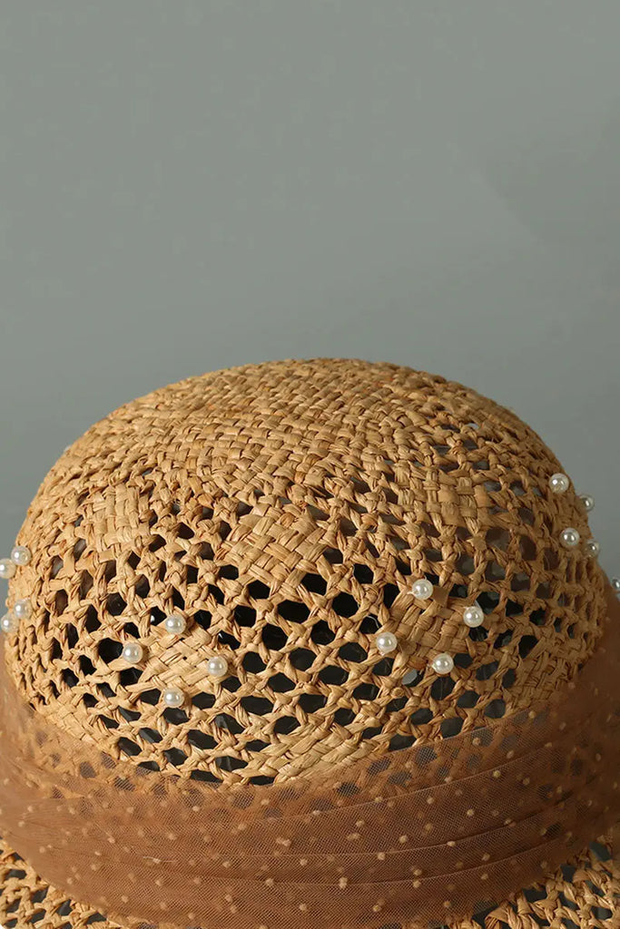 Handwoven Pearl Embellished Straw Sun Hat  Fibflx