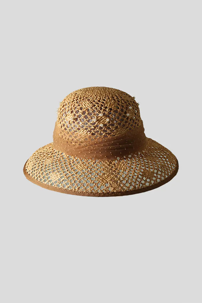 Handwoven Pearl Embellished Straw Sun Hat  Fibflx