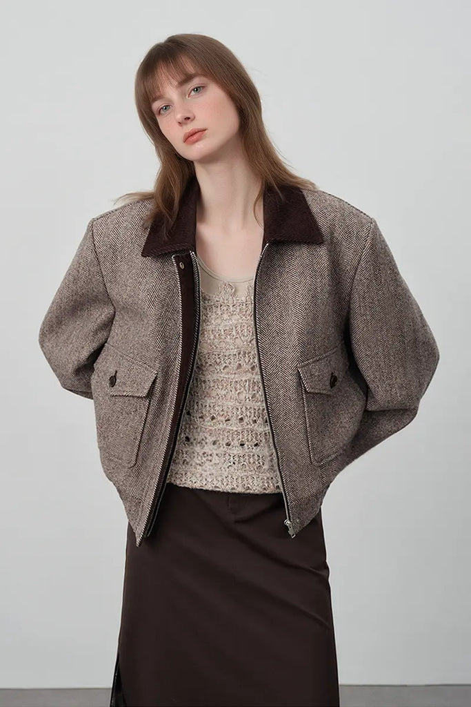 Fibflx Women's Herringbone Cropped Wool Tweed Bomber Jacket
