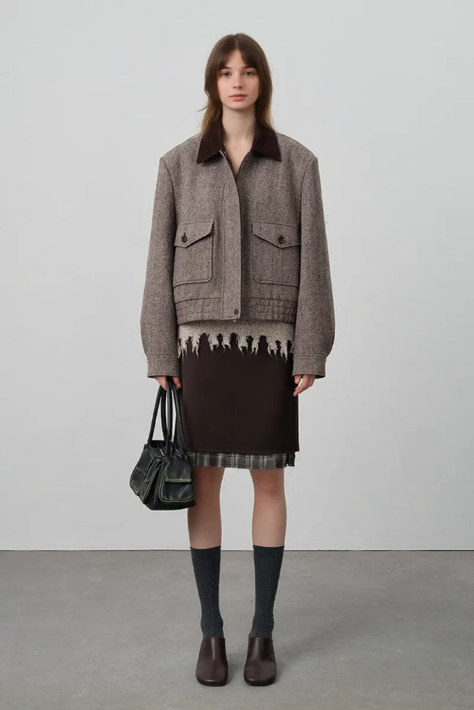 Fibflx Women's Herringbone Cropped Wool Tweed Bomber Jacket