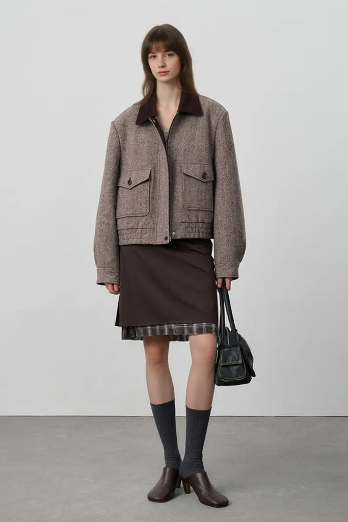 Fibflx Women's Herringbone Cropped Wool Tweed Bomber Jacket