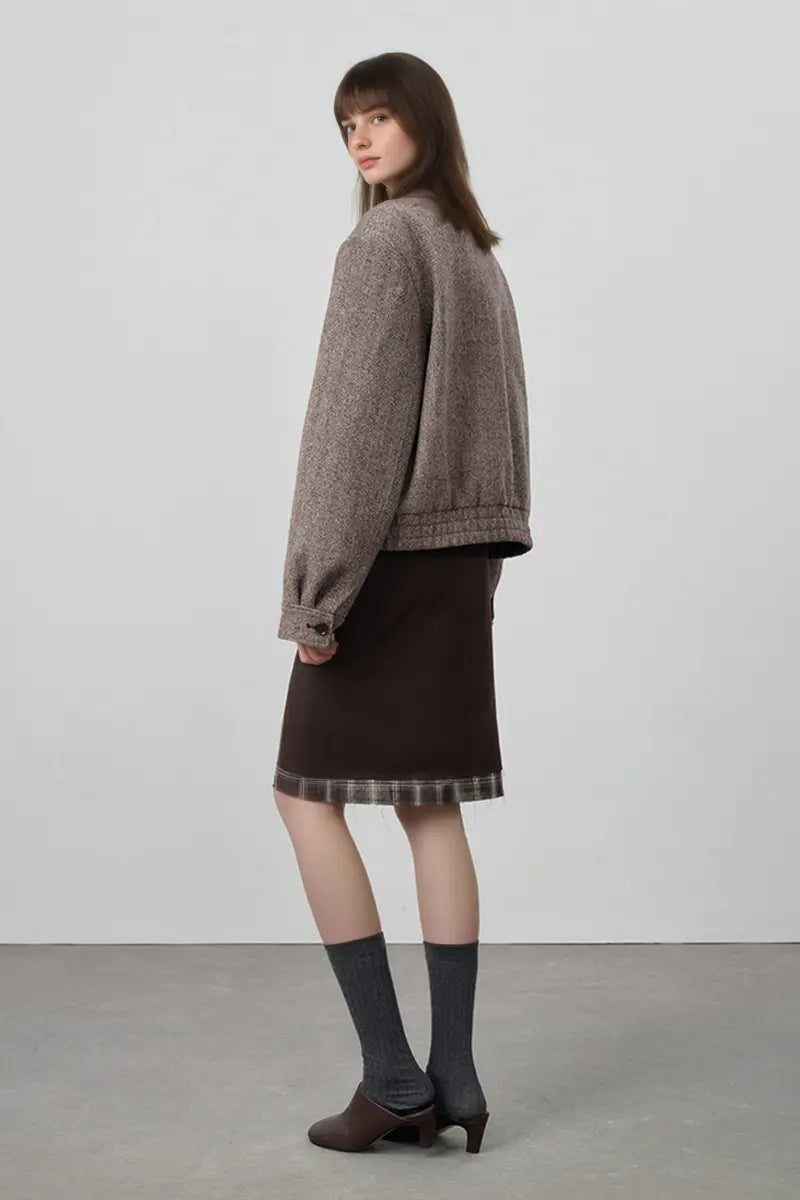 Fibflx Women's Herringbone Cropped Wool Tweed Bomber Jacket