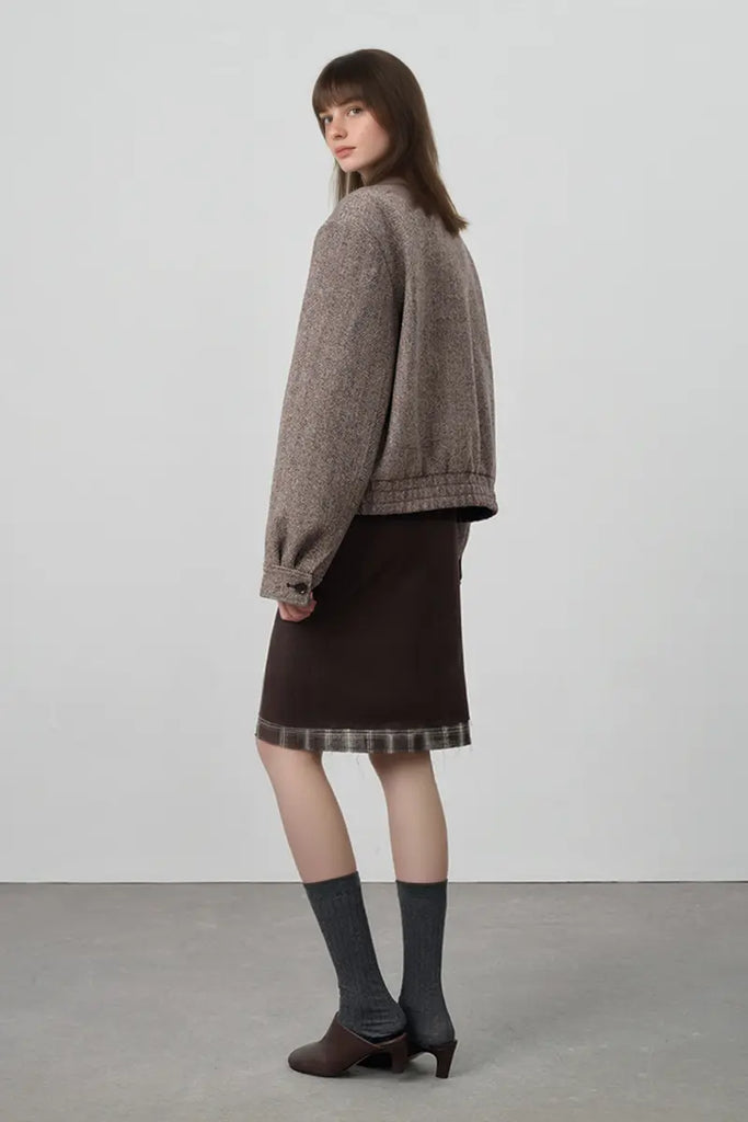 Fibflx Women's Herringbone Cropped Wool Tweed Bomber Jacket