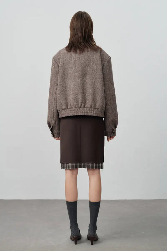 Fibflx Women's Herringbone Cropped Wool Tweed Bomber Jacket