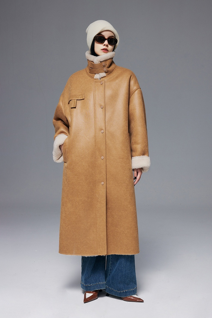 High Collar Reversible Wool Faux-leather Coat - Fibflx