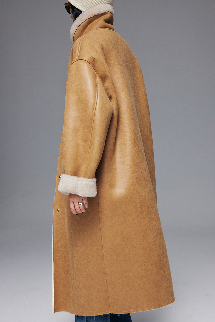 High Collar Reversible Wool Faux-leather Coat - Fibflx