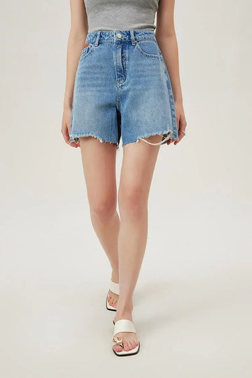 Fibflx Women's High Waist Denim Jorts with Raw Hem