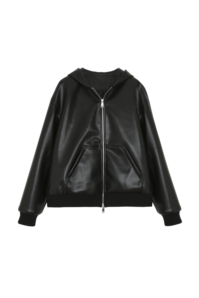 Hooded Faux Leather Jacket - Fibflx