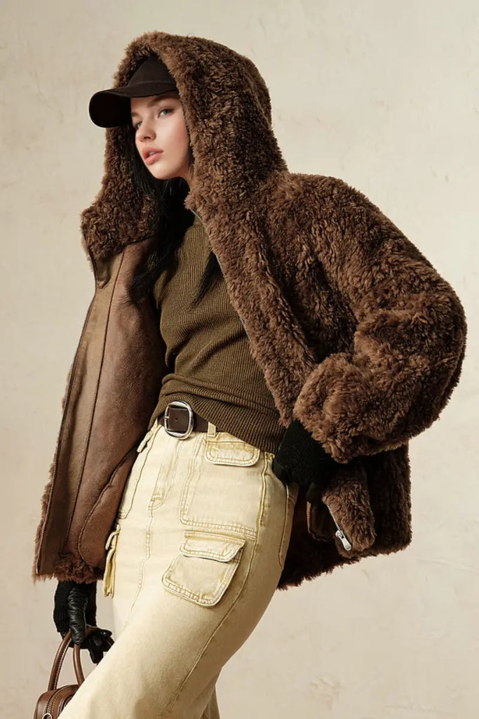 Fibflx Women's Hooded Genuine Shearling & Faux Suede Teddy Coat