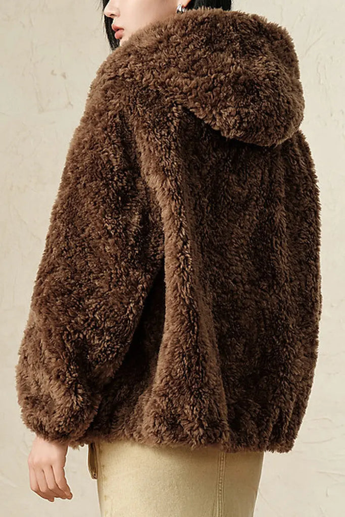 Fibflx Women's Hooded Genuine Shearling & Faux Suede Teddy Coat