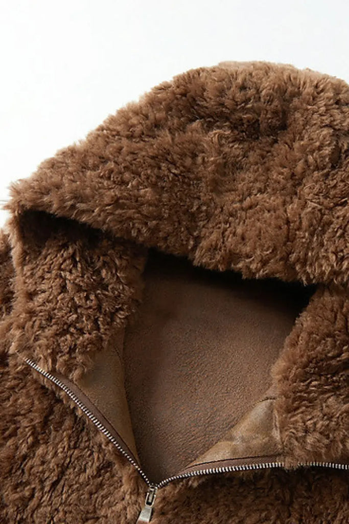 Fibflx Women's Hooded Genuine Shearling & Faux Suede Teddy Coat