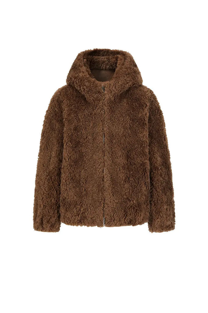 Fibflx Women's Hooded Genuine Shearling & Faux Suede Teddy Coat