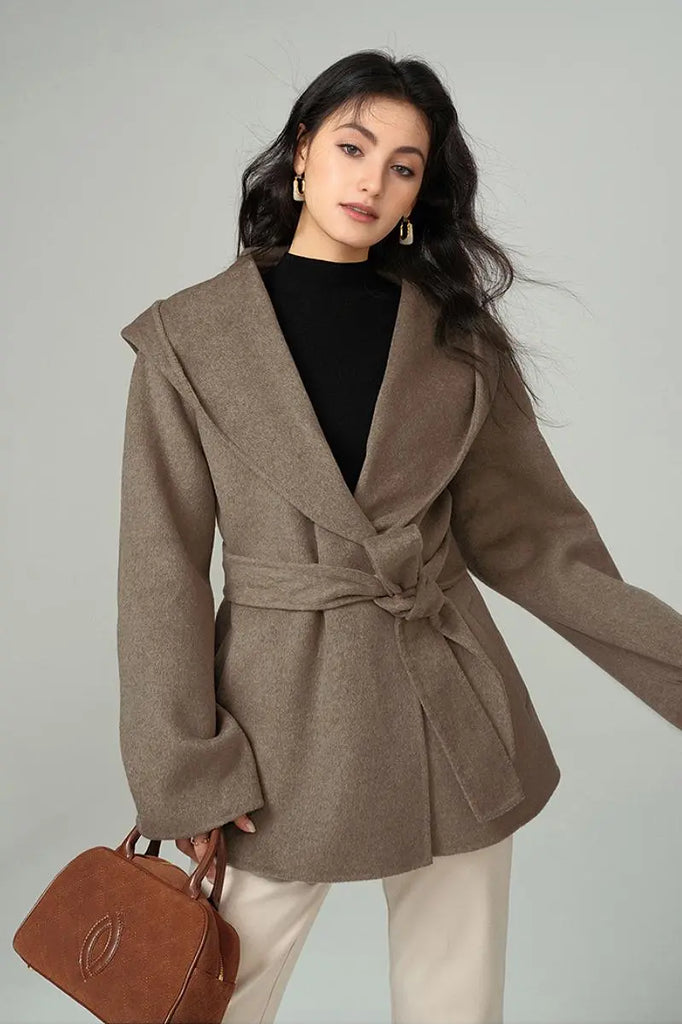 Hooded Wool Blend Wrap Coat Fibflx