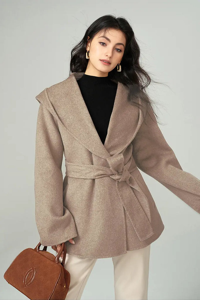 Hooded Wool Blend Wrap Coat Fibflx