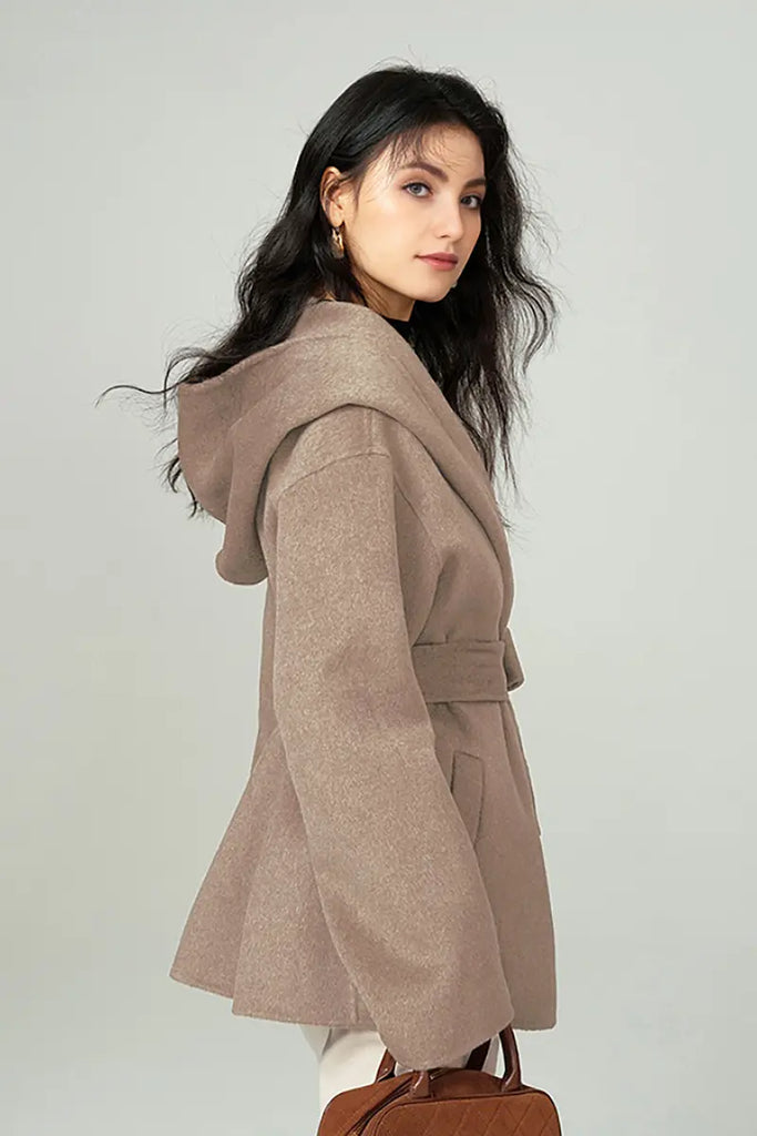 Hooded Wool Blend Wrap Coat Fibflx
