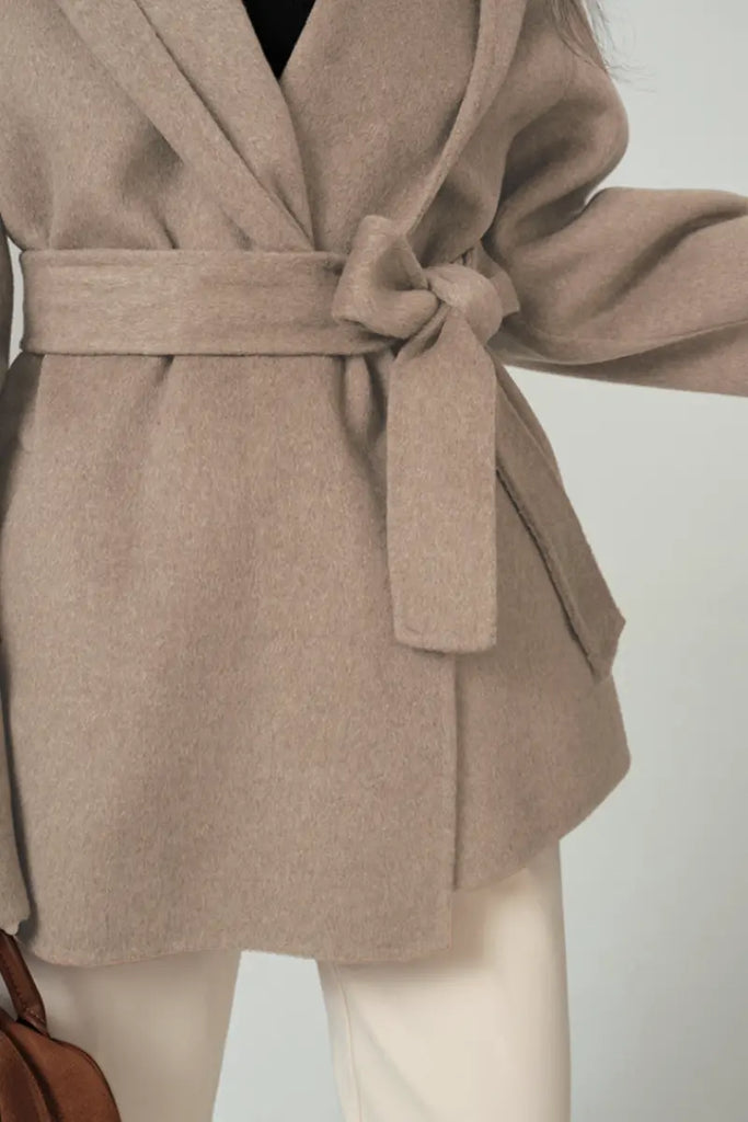 Hooded Wool Blend Wrap Coat Fibflx