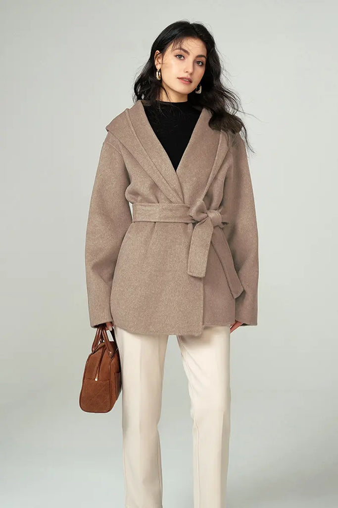 Hooded Wool Blend Wrap Coat Fibflx