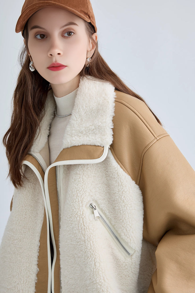 Fibflx Woman's Integrated Shearling Faux Fur Jacket