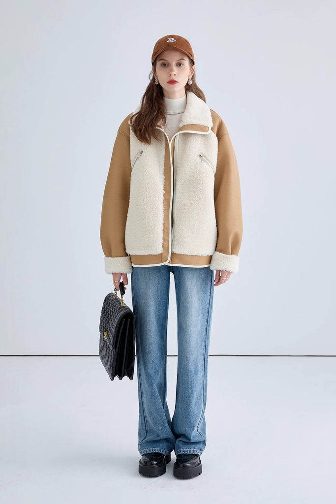 Fibflx Woman's Integrated Shearling Faux Fur Jacket