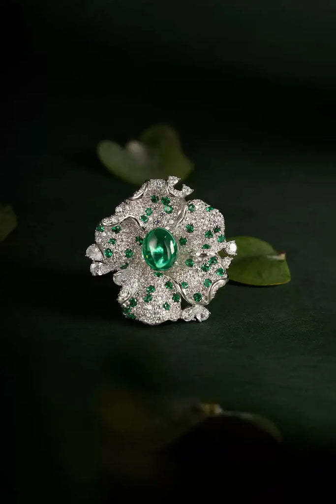 Fibflx Women's Lab-Grown Emerald & Moissanite Flower Open Ring in Sterling Silver