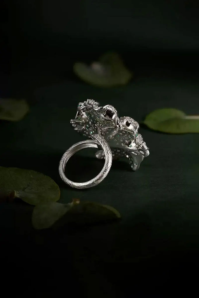 Fibflx Women's Lab-Grown Emerald & Moissanite Flower Open Ring in Sterling Silver