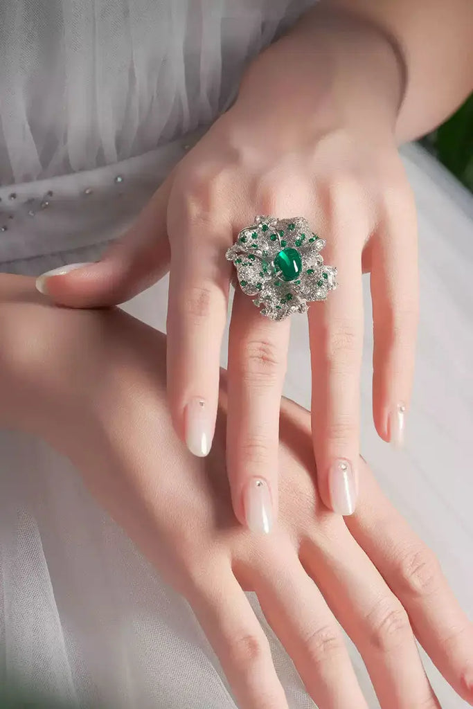 Fibflx Women's Lab-Grown Emerald & Moissanite Flower Open Ring in Sterling Silver