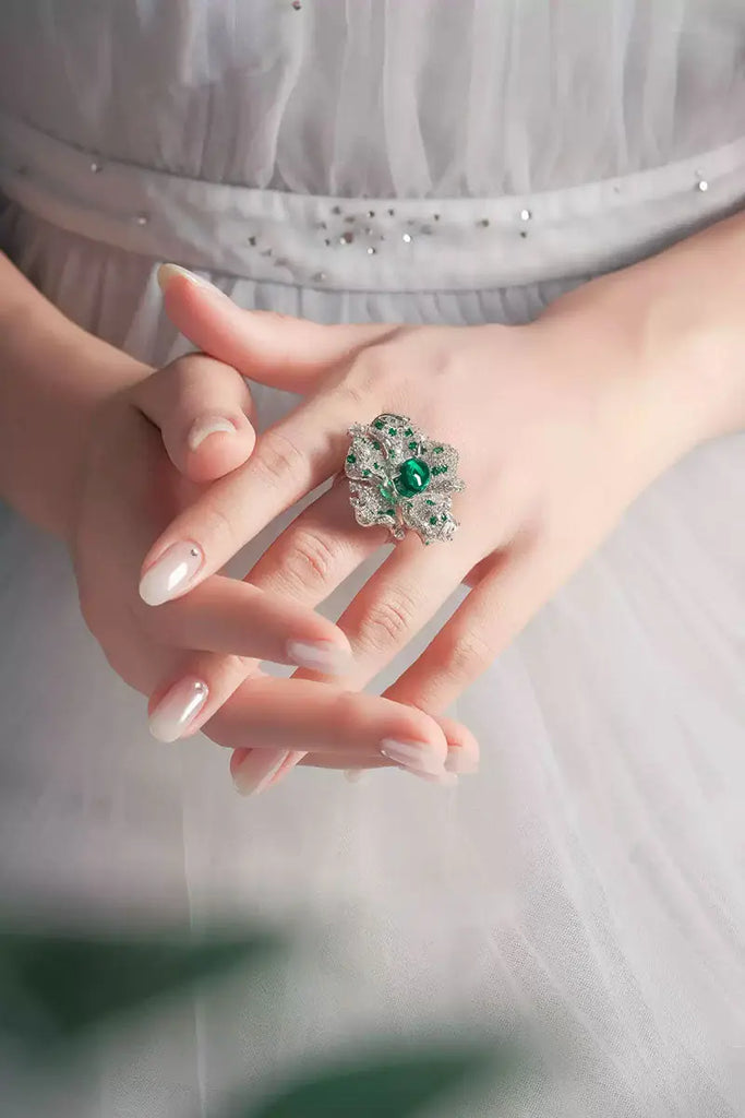 Fibflx Women's Lab-Grown Emerald & Moissanite Flower Open Ring in Sterling Silver