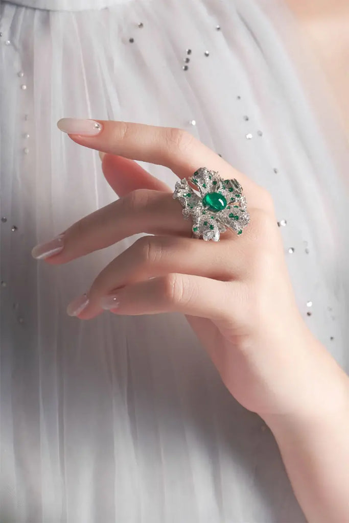 Fibflx Women's Lab-Grown Emerald & Moissanite Flower Open Ring in Sterling Silver