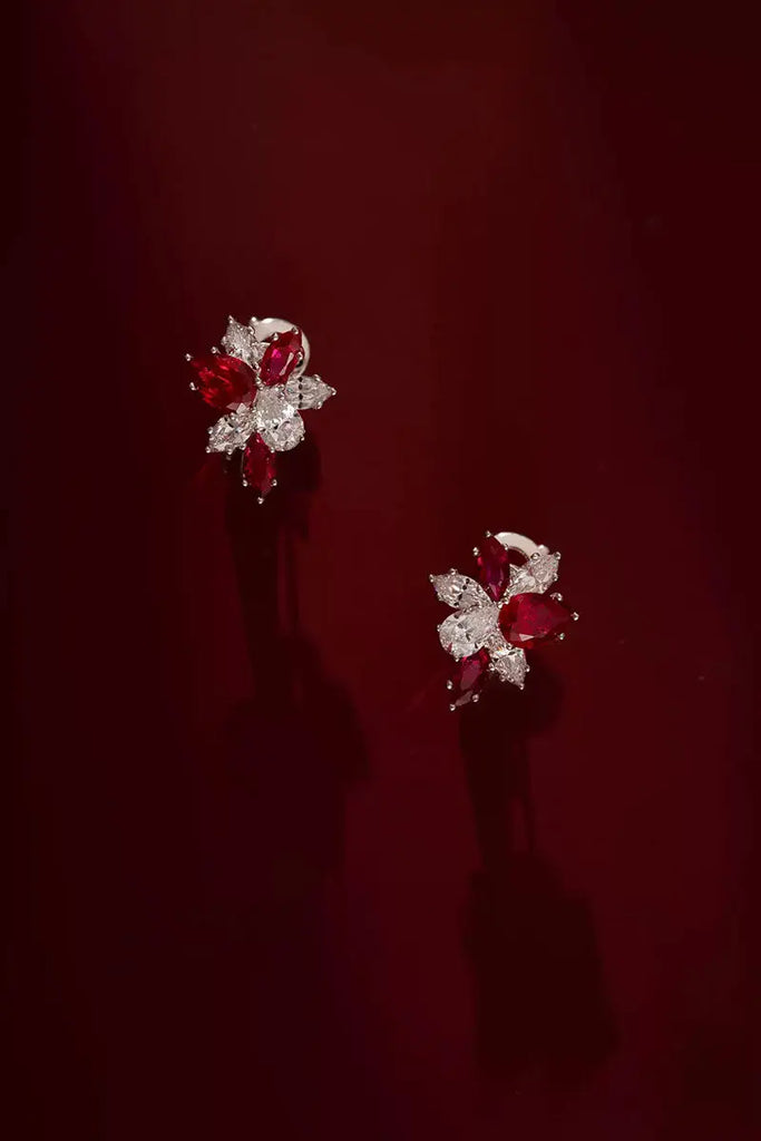 Lab Grown Ruby and Diamond Cluster Stud Earrings Fibflx